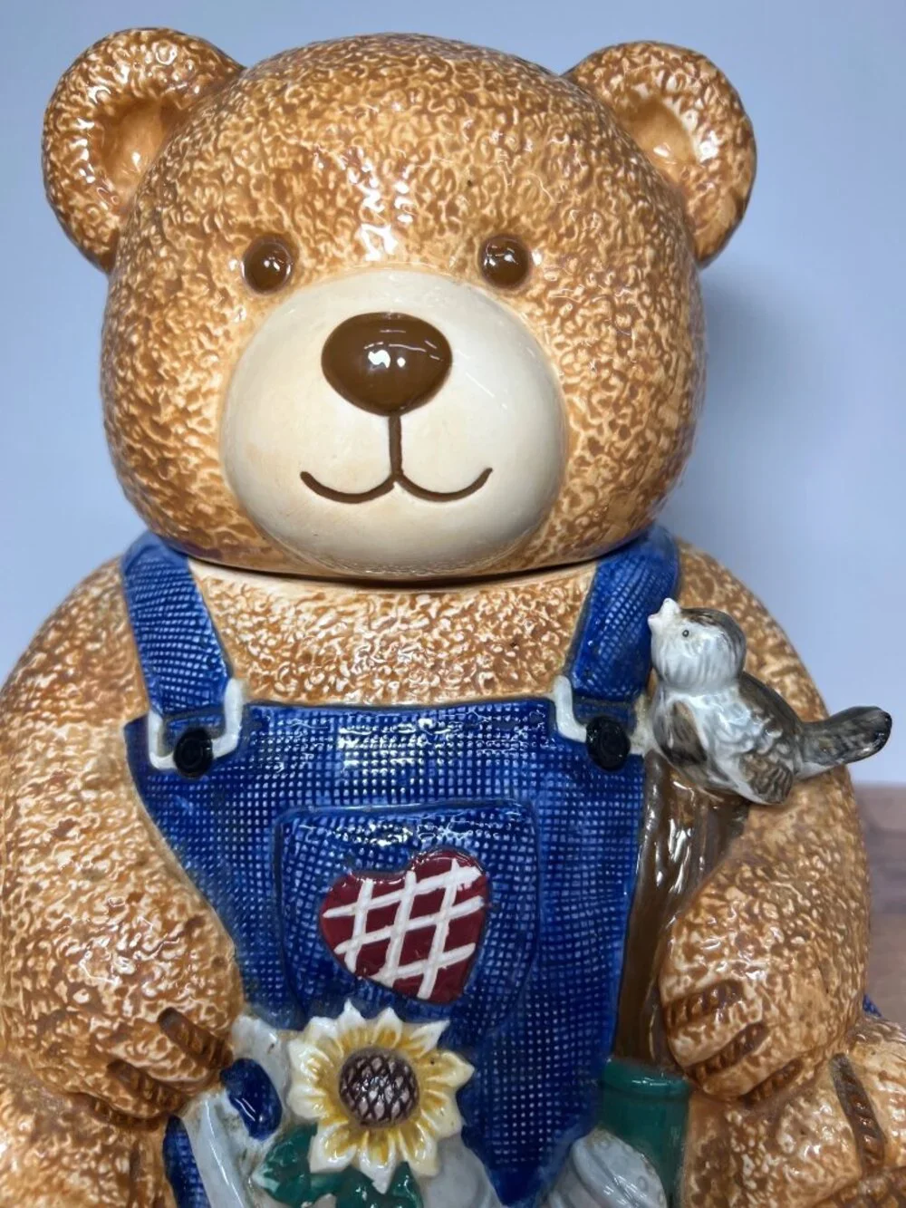 Ceramic Bear Cookie Jar With Blue Overalls & Watering Can